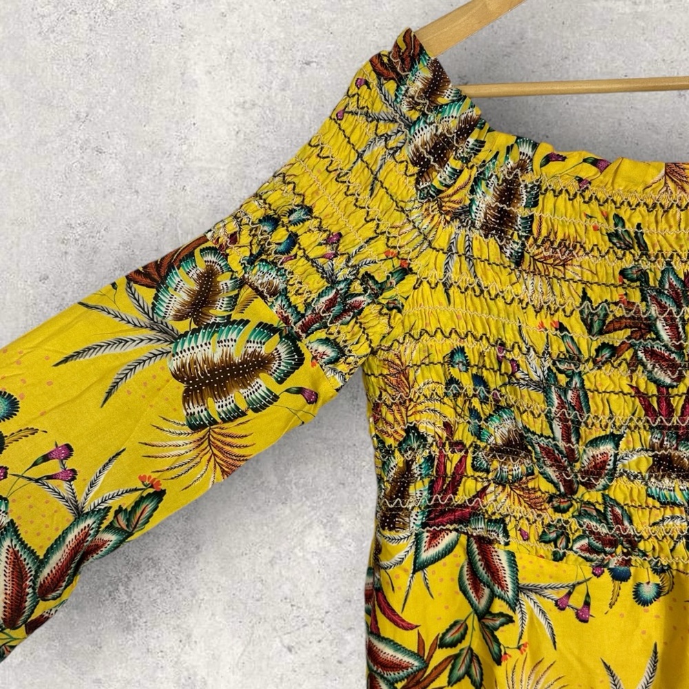 Anthropologie Farm Rio Yellow Floral Smocked Mini Dress Size Large Petite Boho L - Picture 7 of 16